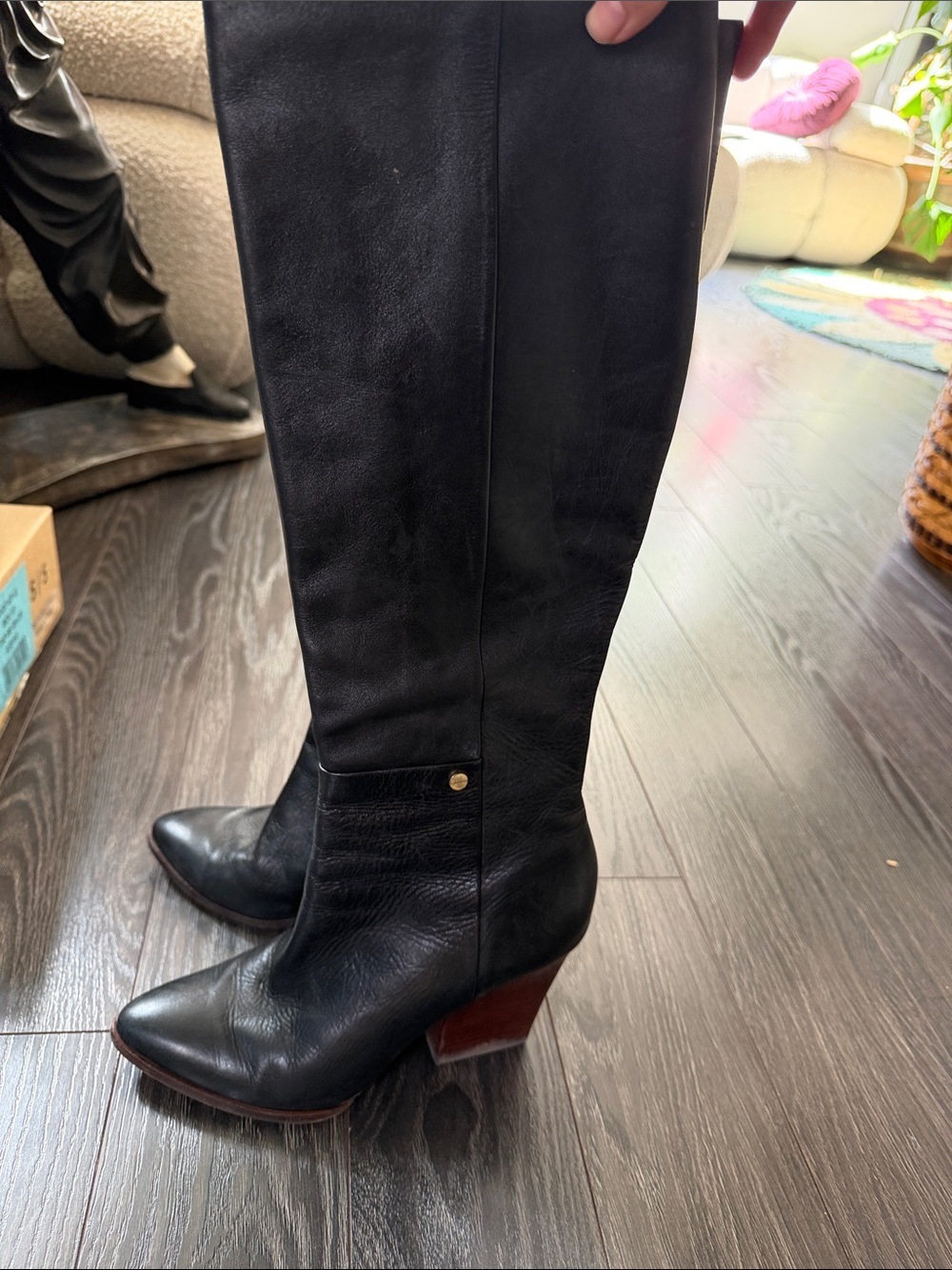 Calvin Klein Black Leather Knee-High Heeled Boots